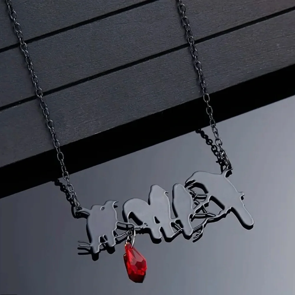 “Raven” Edgar Poe Perched Crows Birds Blood Droplet Macabre Gothic Grim Necklace - Picture 6 of 16